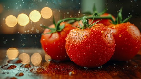 Juicy, plump tomatoes glisten with dew drops, contrasting against rustic wood under soft night shadows, evoking freshness and farm-to-table appeal.の写真素材