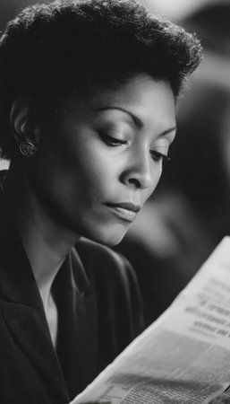 A contemplative woman engrossed in a newspaper, her intent gaze and calm demeanor captured in a...