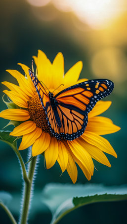 A vibrant monarch butterfly delicately rests on a golden sunflower, captured at dusk, creating a warm, serene scene full of natural beauty.の写真素材