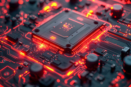 Detailed view of a circuit-laden motherboard with vibrant red lighting emphasizing the central...