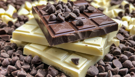 A tempting assortment of creamy white and rich dark chocolates garnished with crispy chips, artfully arranged amidst scattered chocolate chunks for inの写真素材