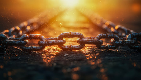 A detailed view of weathered metal links glowing softly under warm sunset rays, evoking rugged...