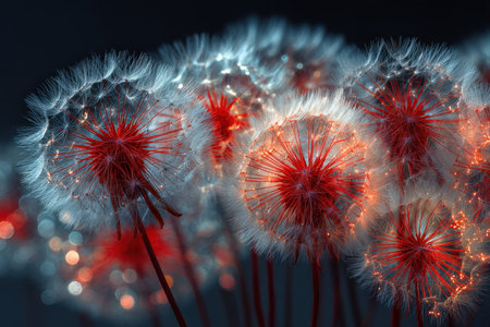 Delicate dandelion seed heads illuminated by ethereal glow, set against a shadowy backdrop, evoking a mystical and dreamy atmosphere.の写真素材