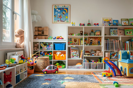 Tidy child s playroom showcasing toys, books, and play area for organized and enjoyable playtimeの写真素材