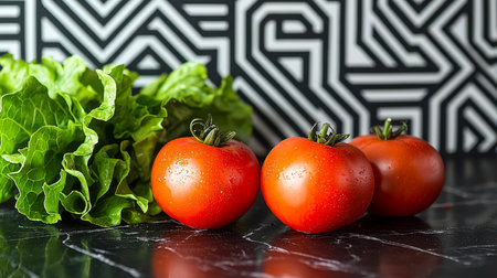 Vibrant, ripe tomatoes and crisp lettuce arranged artistically on a sleek dark backdrop with contemporary geometric patterns, ideal for fresh food themes.の写真素材
