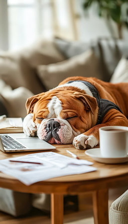 Ancontented bulldog rests peacefully on a laptop, nestled at a comfy living room table, exuding warmth, tranquility, and homey charm.の写真素材