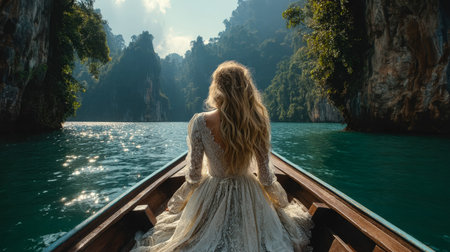 A serene woman in a flowing white gown relaxes in a small boat, drifting along a tranquil river...