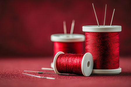 Close-up of vibrant red thread spools and shiny sewing pins scattered on a matching red fabric, creating a cozy, crafty mood ideal for sewing projectsの写真素材