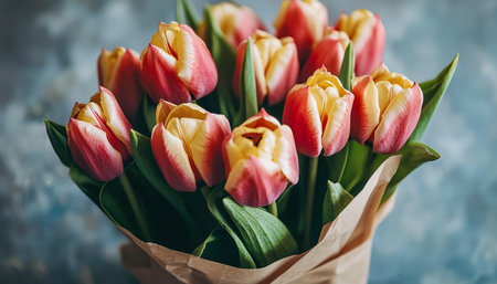 A lively arrangement of pink and yellow tulips nestled in rustic craft paper, set against a textured backdrop perfect for celebration or decoration.の写真素材