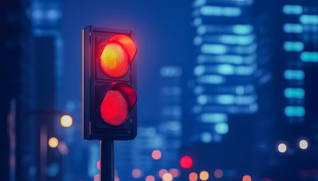 A glowing red signal casts a vibrant hue over the quiet urban street, capturing the calm and mysterious ambiance of a city at night.の写真素材