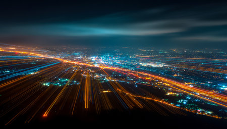 A captivating snapshot from above showcases glowing street networks and swift light streaks that bring an energetic, lively atmosphere to the city's nの写真素材