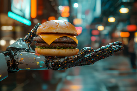 A sleek robotic hand cradles a juicy cheeseburger amid neon-lit skyscrapers, evoking a high-tech urban scene blending artificial intelligence with casの写真素材