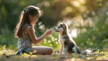 Young girl training cute alaskan klee kai puppy to sit in high quality image with effective coachingの写真素材