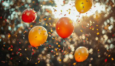 Vibrant balloons soaring amid shimmering confetti against a glowing sunset sky create a joyful, festive outdoor scene perfect for celebration and happinessの写真素材