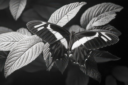 A delicate monochrome butterfly rests on rugged leaves, highlighting intricate wing patterns and textured foliage in a timeless black-and-white aestheの写真素材