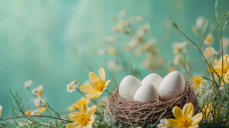 A delicate bird's cradle nestled among vibrant blossoms, evoking serenity and natural beauty with its gentle, pastel-toned backdrop.の写真素材