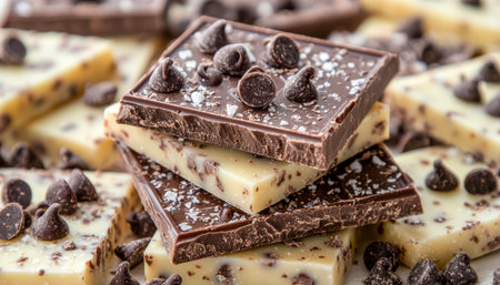 A tempting arrangement of layered dark and milk chocolates with visible chips and streaks of sea salt, highlighting rich textures and indulgent appealの写真素材