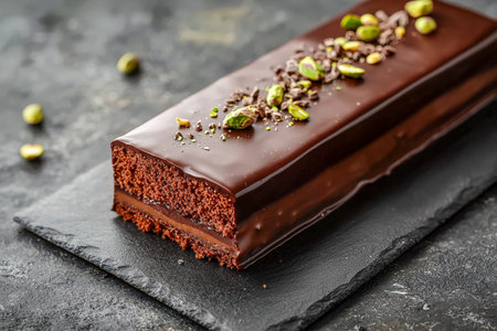 Luxurious chocolate dessert garnished with vibrant pistachios, resting on a sleek black slate for a sophisticated and indulgent visual appeal.の写真素材