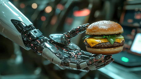 A sleek, metallic cybernetic limb wields a tasty burger amid glowing digital panels, blending modern technology with casual indulgence in a visionaryの写真素材