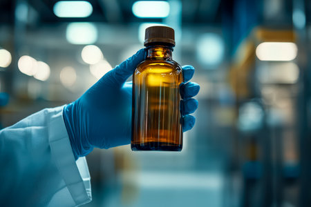 A scientist carefully examines a vintage amber glass vial amidst modern lab equipment, conveying a sense of precision and historical research.の写真素材