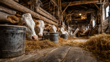 Content cows graze on fresh hay amidst weathered wooden beams, evoking rural charm and early morning farm life ambiance.の写真素材