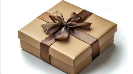 A luxurious gold box adorned with a rich brown satin ribbon and a neatly tied bow, ideal for celebrations or upscale gifting.の写真素材