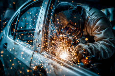 An industrial worker expertly fuses steel panels on a vehicle, with bright sparks illuminating a focused and dynamic workshop environment.の写真素材