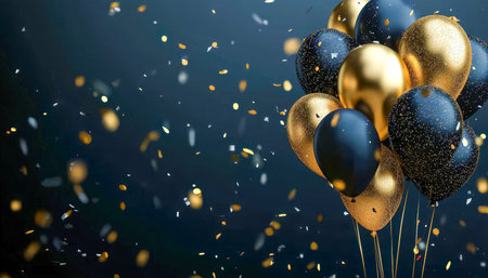 Chic black and gold balloons adorned with shimmering confetti create a festive atmosphere perfect...