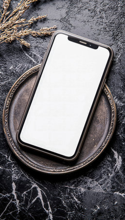 A sleek mobile device rests on an ornate ceramic plate, set against a luxurious dark marble...