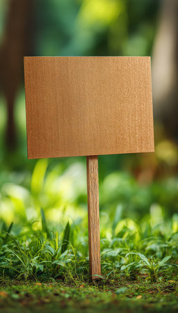 A rustic wooden panel sits empty along a leafy garden walkway, perfect for welcoming visitors or personal messages in outdoor settings.の写真素材