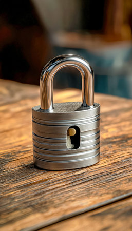 A detailed shot of a sleek silver lock embedded in aged wood, evoking security and craftsmanship...