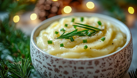 Smooth, buttery mashed potatoes topped with fresh chives, served in an ornate bowl, perfect for cozy holiday dinners and festive table settings.の写真素材