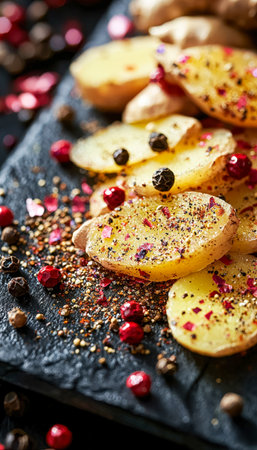 Bright, festive cookies with vibrant sprinkles and fresh berries elegantly arranged on a sleek black slate tray to evoke a joyful, celebratory mood.の写真素材