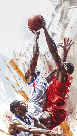 Determined basketball player fiercely blocks shot at summer olympics with unwavering focusの写真素材