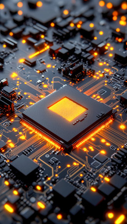 Detailed view of a circuit board with a central processing chip and vibrant orange-lit components,...