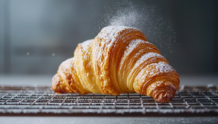 A golden, flaky pastry dusted with sweet powdered sugar rests on a wire rack, evoking warmth and homemade comfort perfect for breakfast or caf?s.の写真素材
