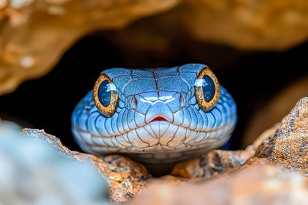 A striking blue reptile with intricate scale patterns and luminous eyes emerging from rugged rocks, capturing a moment of alertness in natural habitatの写真素材