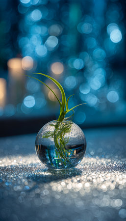 A vibrant tiny plant encased in a transparent glass dome, resting on a glittering surface with soft blue bokeh creating a dreamy, nature-inspired ambienceの写真素材