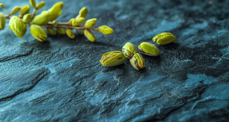 Close-up of vivid green pistachios nestled on a rugged dark slate backdrop with a leafy branch, exuding freshness and natural elegance.の写真素材