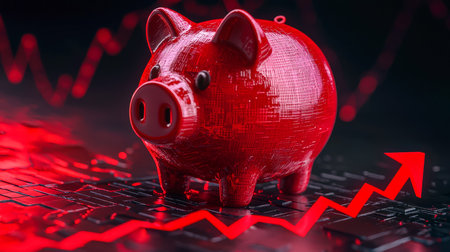 A vibrant red savings container complemented by a rising financial line chart, set against a sleek digital backdrop symbolizing growth and investment.の写真素材