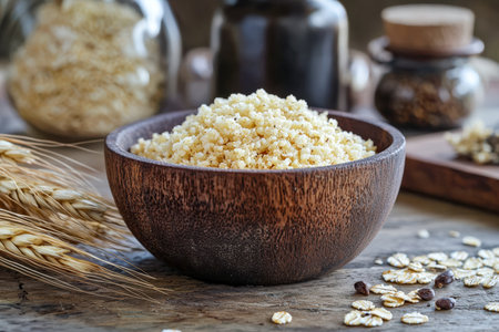 A cozy scene of fresh oats in a ceramic bowl, surrounded by glass jars and golden wheat stalks on weathered wood, evoking wholesome mornings.の写真素材