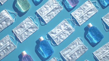 Bright blue backdrop featuring a diagonal spread of protective masks and hand sanitizer bottles, conveying cleanliness and health safety in a modern sの写真素材