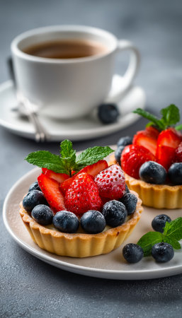 An inviting spread of vibrant berry-filled pastries garnished with fresh mint, paired with a steaming cup of tea, exuding cozy elegance.の写真素材