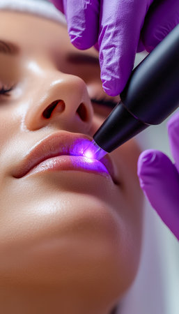 A woman reclining during a precise laser procedure on her lips, with clinical equipment and focused technician in a bright, professional space.の写真素材