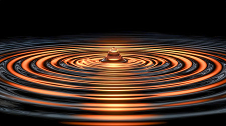 A mesmerizing display of luminous rings radiating outward in a dark, reflective space, evoking serenity and dynamic energy.の写真素材