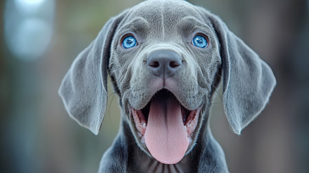A charming gray puppy with striking blue eyes enjoys a lively outdoor moment, playfully panting with its tongue out amid lush greenery.の写真素材