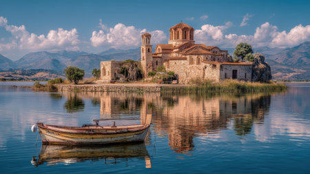 An ancient church perched on a tranquil island, with a small vessel at the front and majestic mountains looming behind, evoking serenity and timelessの写真素材