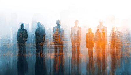 Confident executives overlook a vibrant cityscape merging with their silhouettes, capturing ambition and innovation during twilight hours.の写真素材