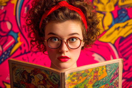 Vibrant scene of a cheerful woman with voluminous curls and stylish glasses immersed in a vivid comic, against a lively, energetic backdrop.のeditorial素材