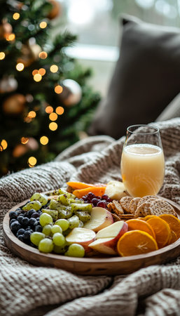 A warm holiday table featuring colorful fresh fruit, homemade cookies, and a chilled beverage in a charming, festive atmosphere.の写真素材